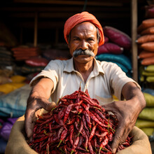 Indian Vendor Holds His Dried Chile.