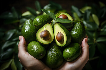 Avocado on a light background in a section. Natural vegetarian food. Ripe avocado in your hands