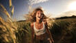 Radiant young blonde with blue eyes laughing amidst a wind-swept grass field in summer outfit.
