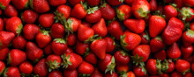 Fresh Strawberry As Background. Close Up, Top View, High Resolution Product. Harvest Concept.