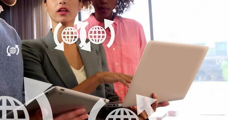 Poster - Animation of arrows around globe icons over diverse coworkers discussing reports on laptop in office