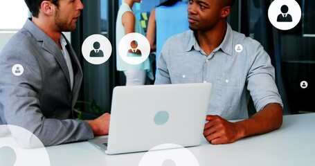 Poster - Animation of multiple profile icons over diverse entrepreneurs sharing ideas in office
