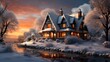 Snow-covered cottage with a warm glow , illustrator image, HD