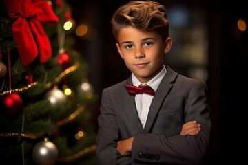 Wall Mural - Portrait of a cute boy in a suit and bow tie standing near the Christmas tree.