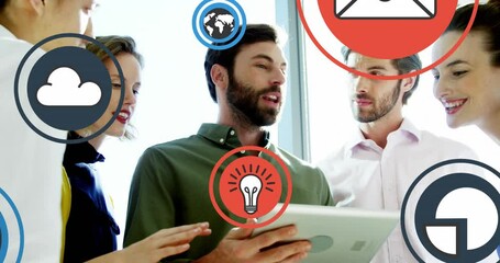 Poster - Animation of multiple icons over diverse coworkers standing and discussing on digital tablet