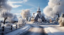 Snowy Church In A Quaint Village Winter Village , Illustrator Image, HD