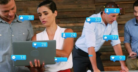 Poster - Animation of notification bars over diverse coworkers discussing blueprints in office