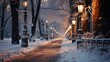 Snowy tree-lined street with vintage lampposts Winter, illustrator image, HD