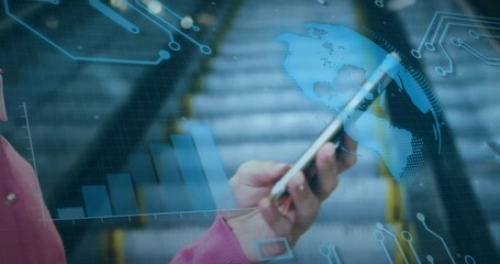 Poster - Animation of globe, circuit board pattern, midsection of caucasian woman scrolling on cellphone