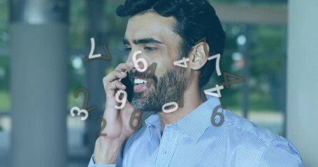 Poster - Animation of changing numbers over caucasian man making call using smartphone