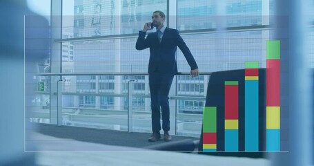 Poster - Animation of bar graph over biracial man standing against glass window and talking on cellphone