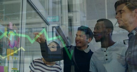 Poster - Animation of graphs and man walking with briefcase over diverse coworkers selecting colors
