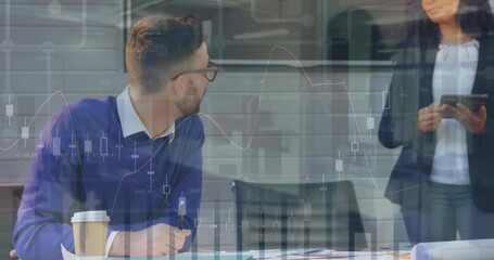 Poster - Animation of multiple graphs over diverse coworkers discussing reports in office