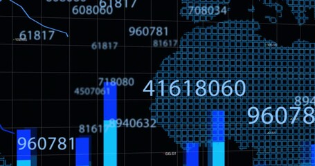 Poster - Animation of changing numbers, graphs, map on grid pattern over black background