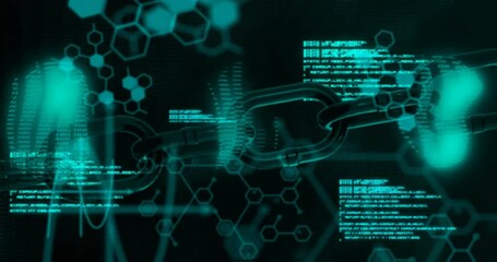 Poster - Animation of blockchain, molecule structures and computer language over black background