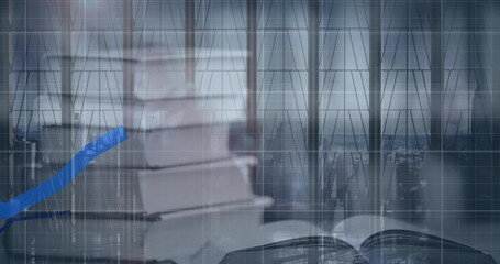 Poster - Animation of multiple graphs and books on table over time lapse of walking people against window
