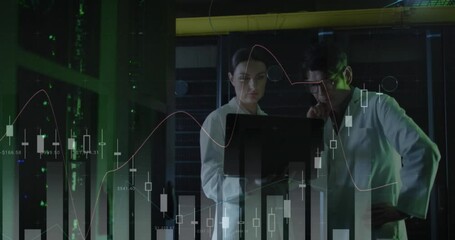 Poster - Animation of multiple graphs over diverse engineers discussing on laptop in server room