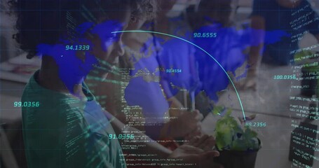 Poster - Animation of computer language, lines on map over diverse coworkers sharing ideas in office