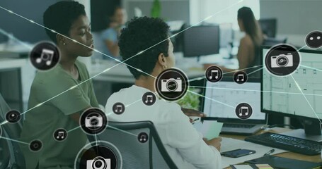 Poster - Animation of connected icons over diverse female coworkers discussing reports on computer