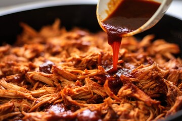 Poster - zoom-in onto pulled chicken pieces slathered in bourbon bbq sauce