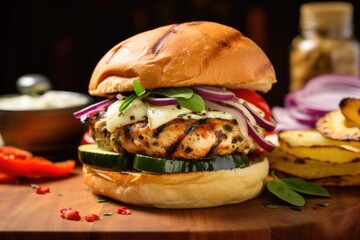 Wall Mural - closeup of a juicy chicken burger with grilled veggies