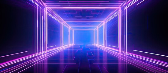 Wall Mural - Abstract virtual reality fashion background with vibrant pink and blue colors featuring a neon square portal glowing lines and an arch with violet lasers