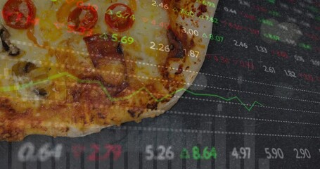 Poster - Animation of graphs and multicolored trading board over pizza against black background