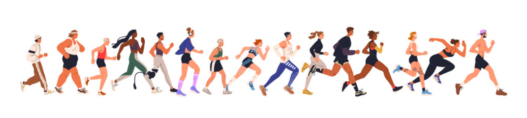 Sticker - Jogging people group. Men, women crowd running. Many runners in line. Diverse joggers characters in motion, action. Sport exercise, marathon. Flat vector illustration isolated on white background