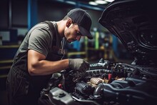 Car Mechanic Working In Auto Repair Shop. Handsome Young Man In Uniform Working With Car Engine