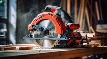 Circular Saw Are Sold In The Power Tool Store. Electric Hand Tool For Cutting Wood Or Metal.