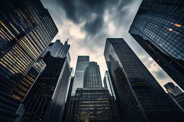 Poster - Skyscrapers in a financial district stand eerily unoccupied, windows dark, epitomizing the economic downturn in real estate