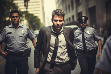 Canvas Print - A real estate agent is led away in handcuffs by police officers, capturing the extent of fraudulent activities tied to the housing crisis