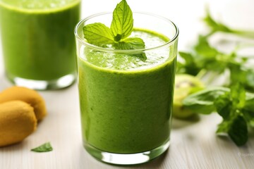 Canvas Print - green smoothie in a clear glass, garnished with a slice of kiwi