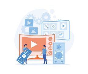 Poster - smart tv technology, people watch video with remote control and television multimedia box. smart tv 