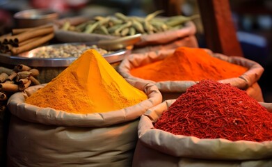 Canvas Print - Traditional spices and dry fruits in local bazaar in India.	