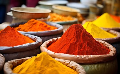 Poster - Traditional spices and dry fruits in local bazaar in India.	