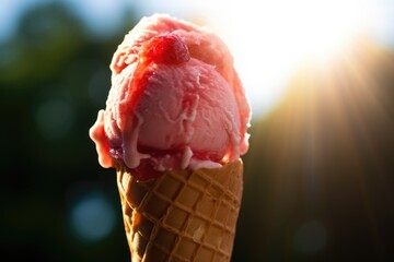 Canvas Print - sunlight shining on a raspberry ice cream in a cone