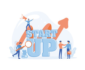 Poster - Business startup work moments. Search money, contracting, promotion. Man with a magnifier, a man with a loudspeaker. flat vector modern illustration
