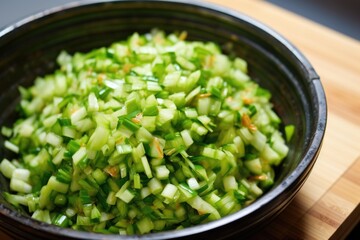 Sticker - extreme close-up of finely chopped green onion kimchi