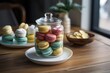 assorted macarons in a clear glass jar on a wooden table