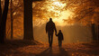 silhouette of a man and a kid walking  holding hands in the park on sunset