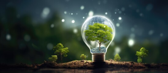 Sticker - Conserving energy and protecting the environment with trees growing inside a light bulb Representing the concept of sustainable technology and ecology Adequate space for a banner