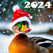 Funny duck with a Christmas hat on the barrel while snowing.