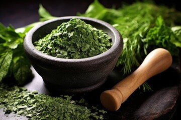 Poster - crushed herbs in a stone mortar and pestle