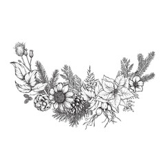 Wall Mural - Vector illustration of winter floral wreath with flowers, plants, spruce and pine branches and pine cones for Christmas cards.