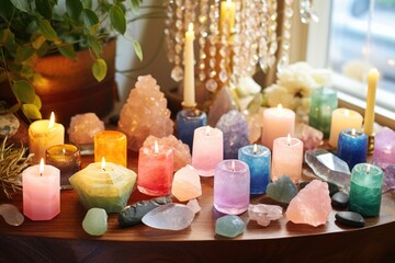 Wall Mural - pastel-colored candles with healing crystals