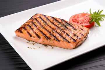 Wall Mural - salmon steak with diagonal grill marks on a square plate