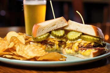 Sticker - double cheese sandwich with a side of potato chips and pickles