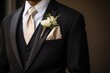 grooms tuxedo folded neatly with a boutonniere