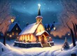 Kleine Kapelle mit Weihnachtsbeleuchtung in einem kleinen romantischen verschneiten Dorf